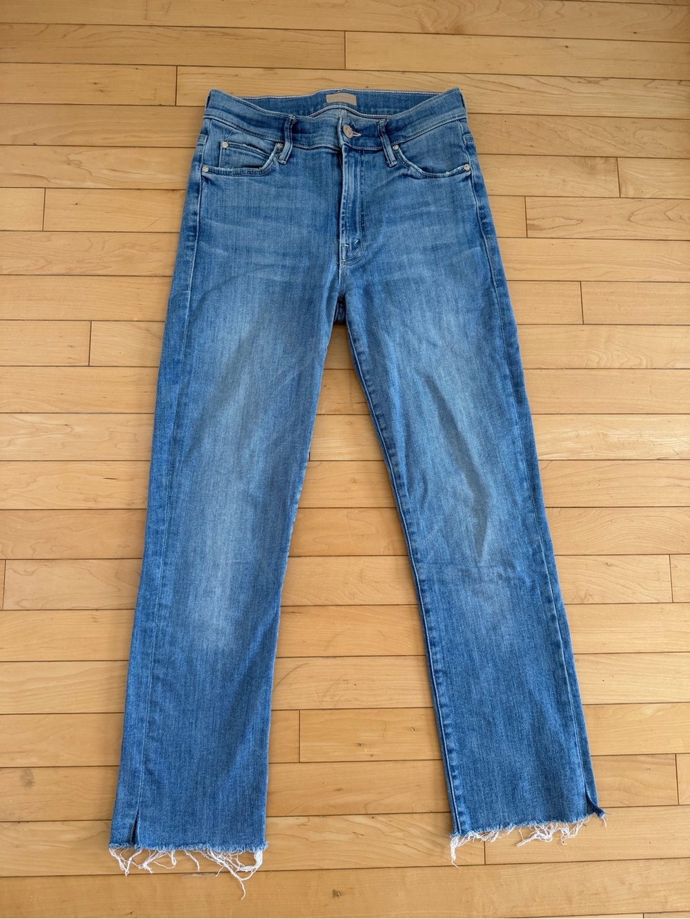 MOTHER Straight Leg Jeans in Medium Blue with Frayed Hem